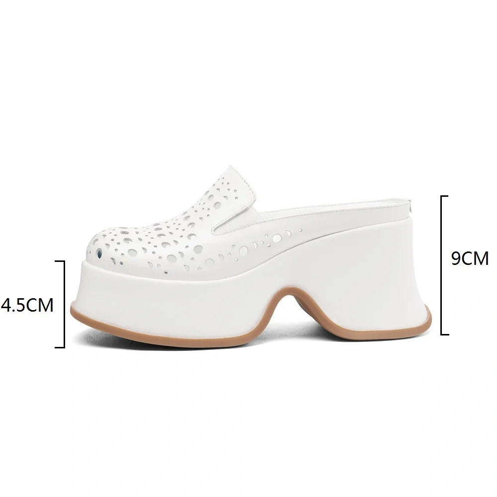 Women's Summer Fashion 9 CM Thick Platform Hollow Out Breathable Genuine Leather Mule Sandals Retro Open Back Slippers 50512