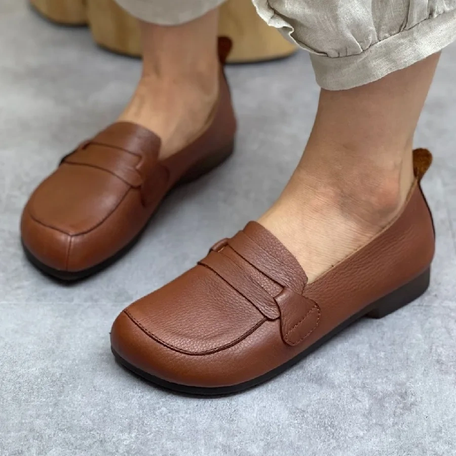Spring Autumn New British Style Retro Flat Bottom Square Toe Shallow Slip-On Genuine Leather Women Casual Loafers Sneakers 2312