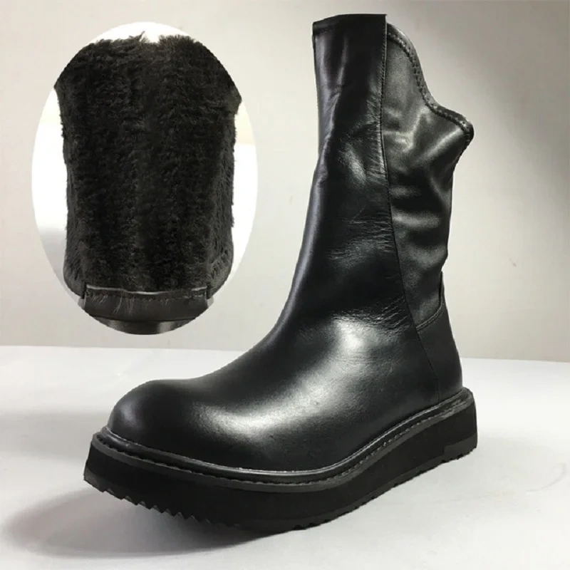Spring Autumn British Style Slim Thick Sole Sewing Genuine Leather Men Mid-Calf Riding Equestrian Boots Winter Plush Inside