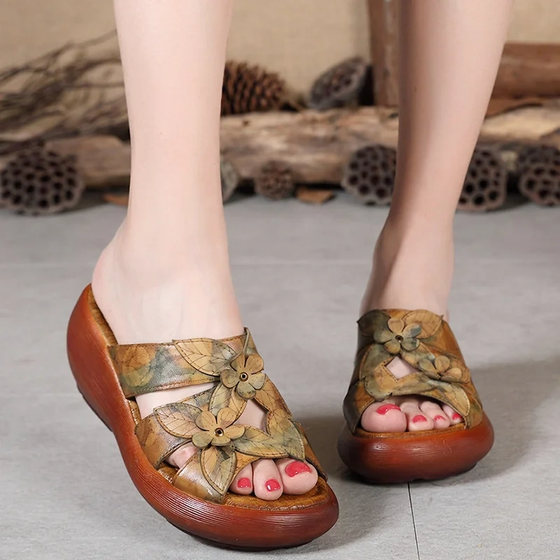 Women's Summer Slim 6 CM Wedge Heel Platform Peep Toe Floral Embossed Slide Genuine Leather  Retro Gladiator Slippers 50620