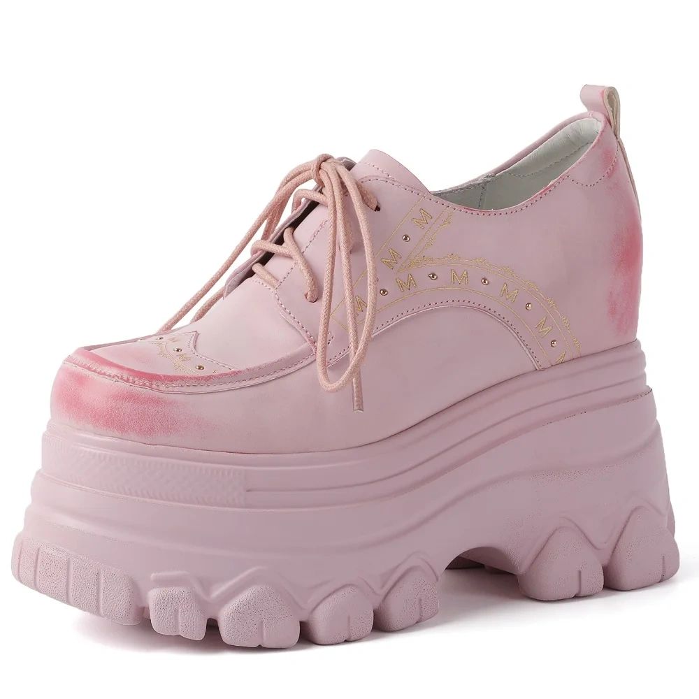 Spring Autumn New British Style Retro Height Increasing Platform Wedges Rivet Lace-Up Genuine Leather Women Modern Pumps 2401