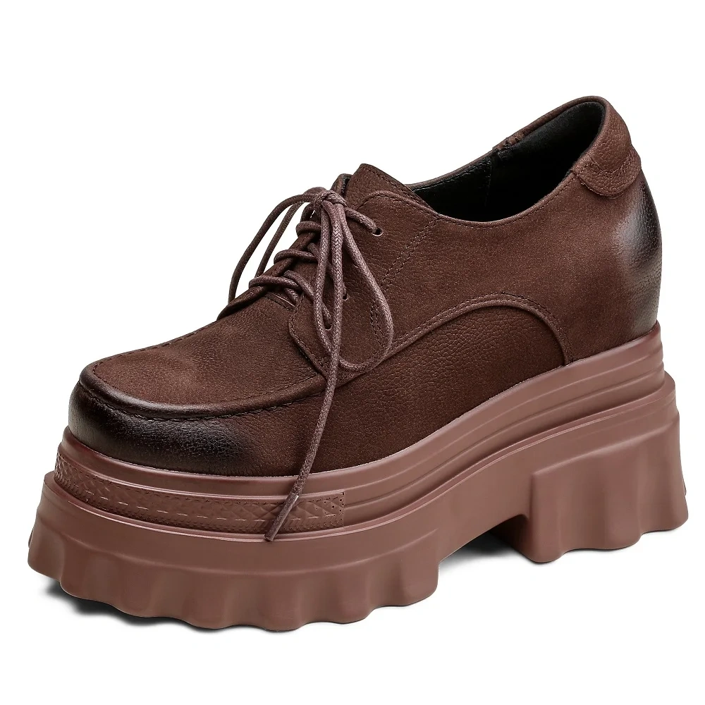 Spring Autumn New British Style Retro Height Increasing Platform Wedges Sewing Lace-Up Genuine Leather Women Casual Pumps 2401
