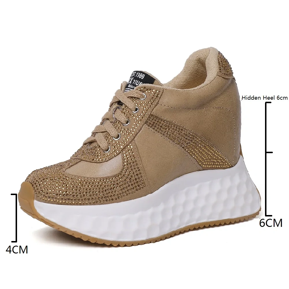 Women's Autumn New Fashion Genuine Leather Crystals Slim 12CM Hidden Wedge Heel Lace-Up Platform Soild Color Concise Shoes 50806