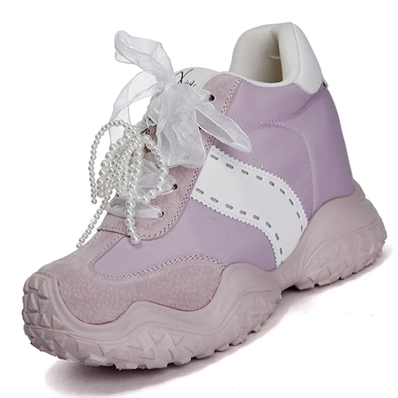 Small Chic Style Genuine Leather Ribbon Casual Sweet 12CM Platform Pearl Purple Lovely Platform Women's Shoes Autumn New 51018