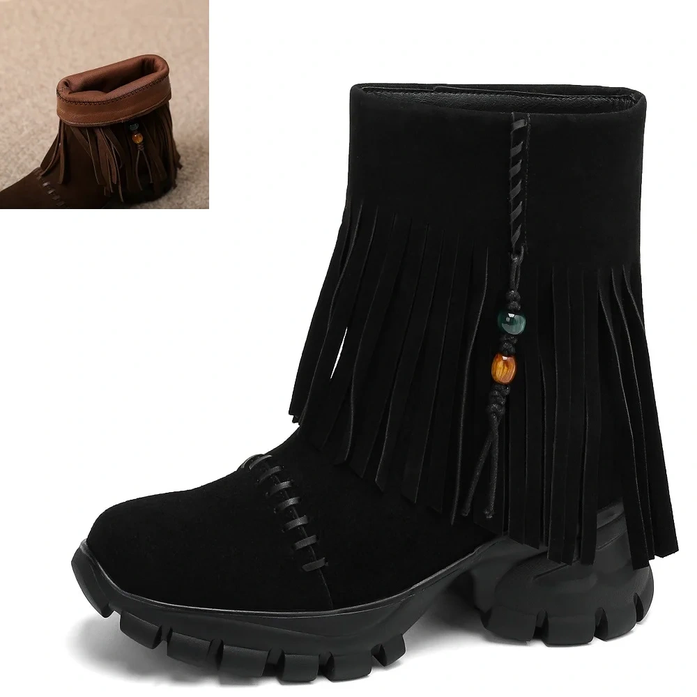 New Autumn Winter Women's Suede Leather 10cm Thick Sole Inner Height Tassel Bead Stitched Casual Versatile Ankle Boots 50930