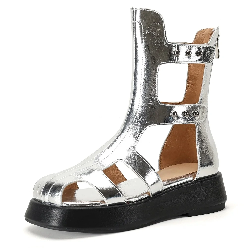 Women's Summer New Slim 4.5 CM Thick Sole Genuine Leather Platform Cut-Out Bling Rivets Gladiator Ankle Boots 50611