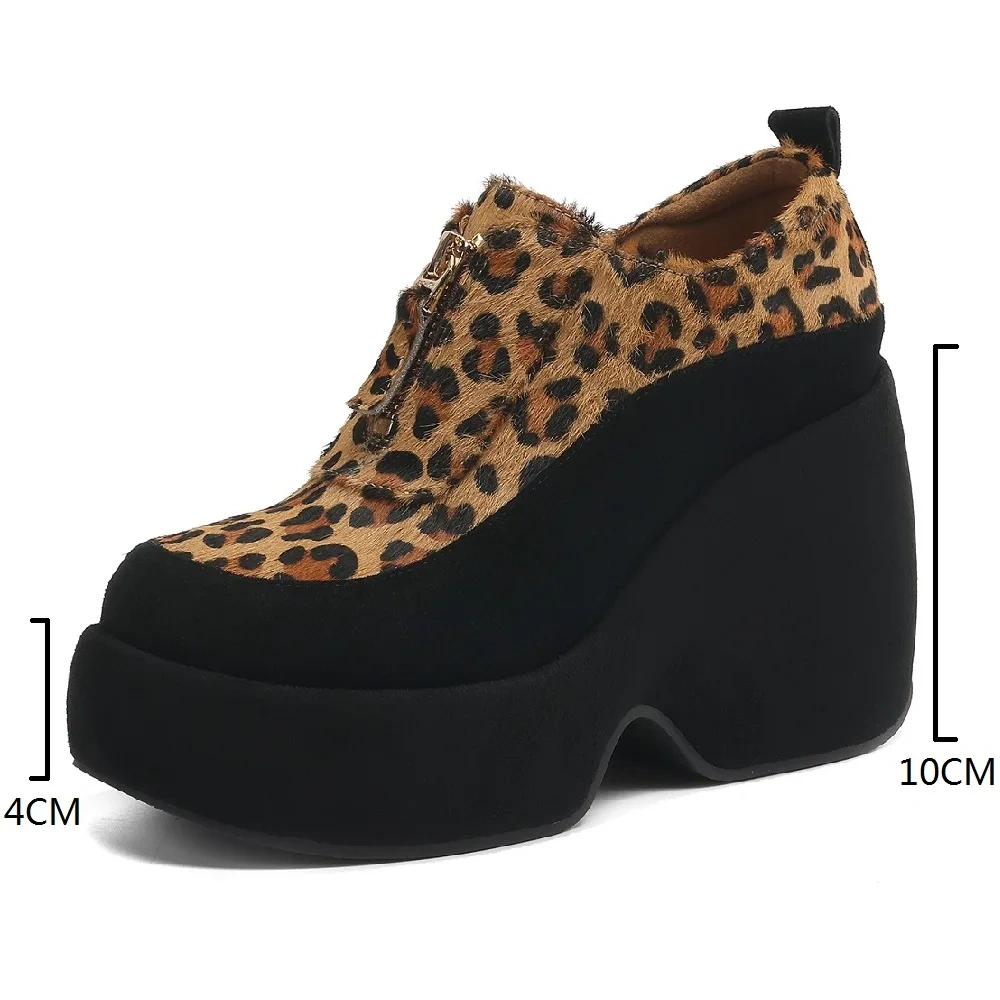 Women's Spring/Fall Genuine Leather & Pony Hair 10CM Wedge Heel Leopard Print Zip Chunky Platform Fashion Concise Shoes 50727