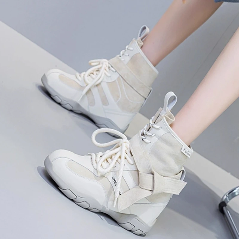 Women's Autumn Solid Color Slim-fit 12CM Hidden Wedge Lace-up Round Toe Platform Concise Casual Ladies Ankle Boots 50806
