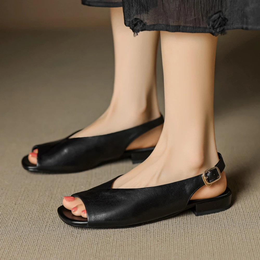 Women's New Summer Genuine Leather 2cm Square Toe Peep Toe Open Toe One - Strap Shallow Mouth Concise Retro Casual Sandals 50727