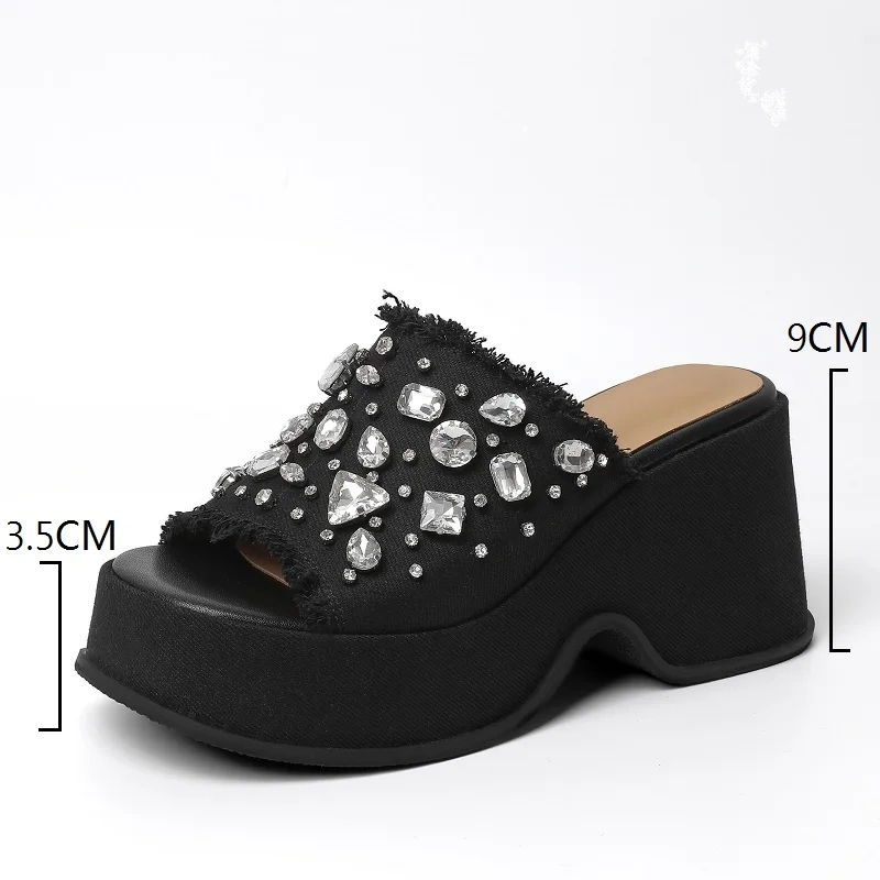 Women's Summer New Slim 9 CM Chunky Heel Denim Crystals Open Toe Wedge Platform Fashion Slippers 50607
