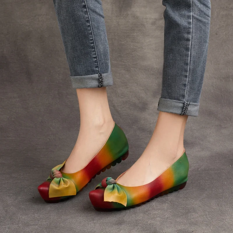 Women's Spring Summer Autumn Fashion 4 CM Heel Genuine Leather Pointed Toe Shallow Mouth Color-Blocking Slip-On Loafers 50707
