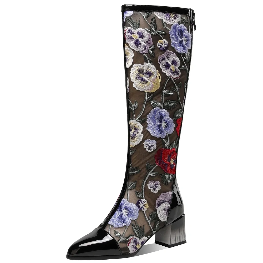 Women Spring 5.5CM Block Heel Genuine Leather & Mesh Embroidery Retro Ethnic Pointed Toe Zipper Ankle Plus Size Long Boots 50621
