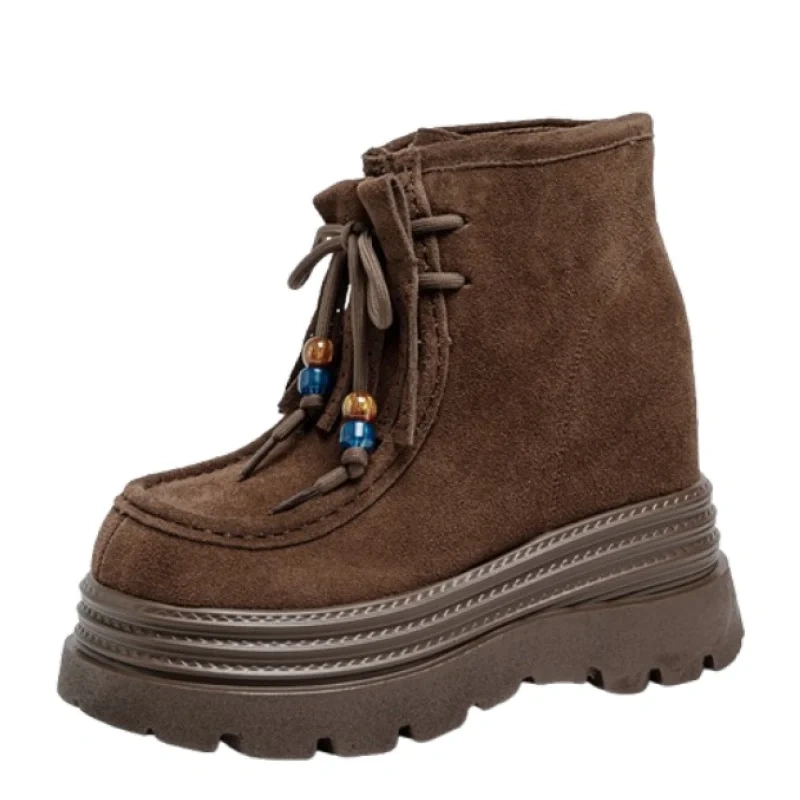 British Style Tassel Lace-Up Genuine Leather 12 CM Thick Sole Casual Beaded Cow Suede Versatile Autumn Women Ankle Boots 51014