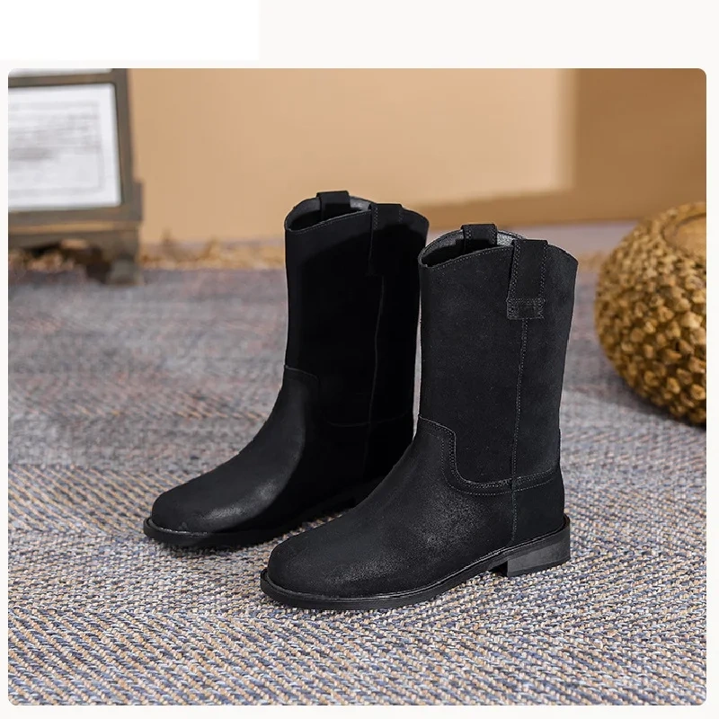 Spring Autumn New European America Style Retro Thick Heels Round Toe Sewing Genuine Leather Women Mid-Calf Half Western Boots