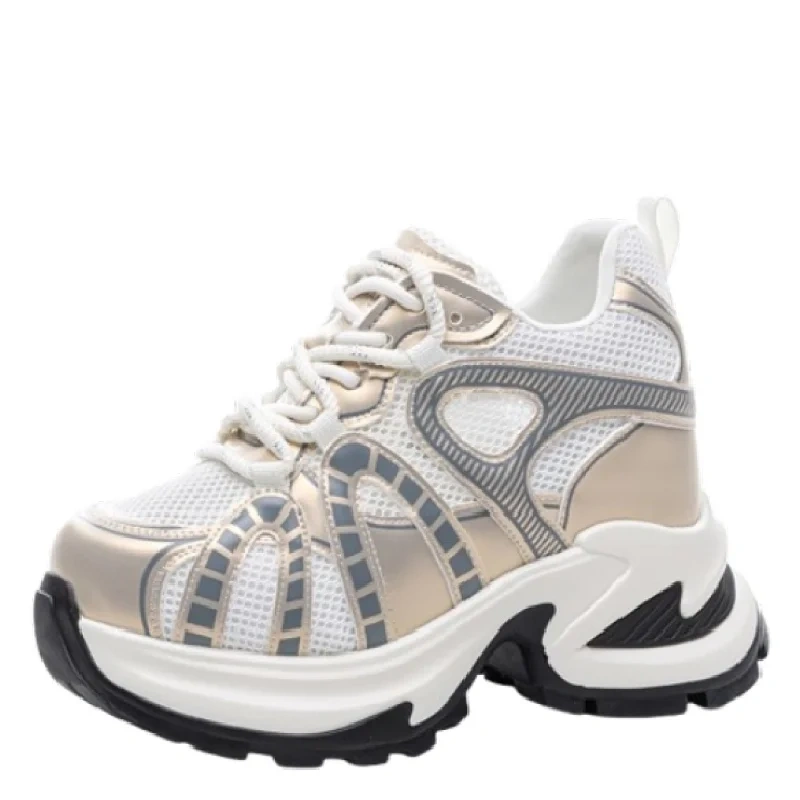 Women's Summer 12 CM Height Increase Genuine Leather & Mesh Breathable Sneakers Hollow Out Lace-Up Color Blocking Shoes 50523