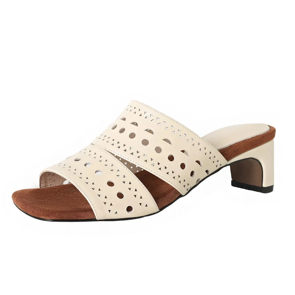 Women's Summer Fashion 5 CM Heel Genuine Leather Open Toe Vintage Hollow-Out Slide Flip Flops 50528