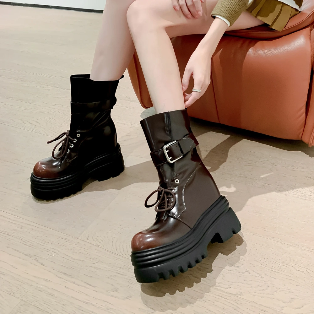 Women's Spring Autumn New Genuine Leather Round Toe Lace-Up Belt Buckle Slip-On Platform 12CM Inner Elevator Ankle Boots 50820