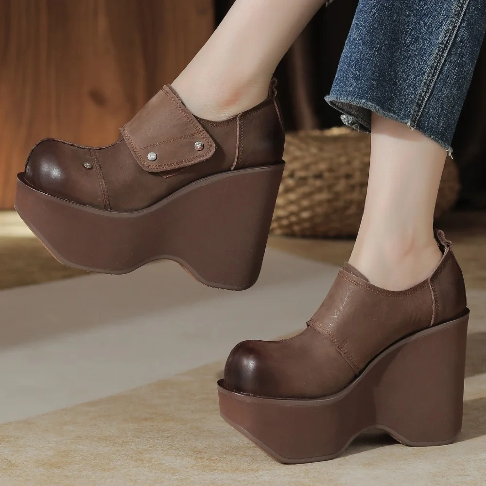 Spring Autumn New British Style Slim 12CM Super High Heels Platform Rivet Sewing Genuine Leather Women Modern Loafers Shoes 2409