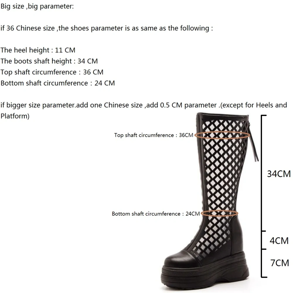 Women's Summer Slim 12 CM Hidden Height Genuine Leather Cut Out Breathable Platform Beige Zipper Knee High Boots 50606