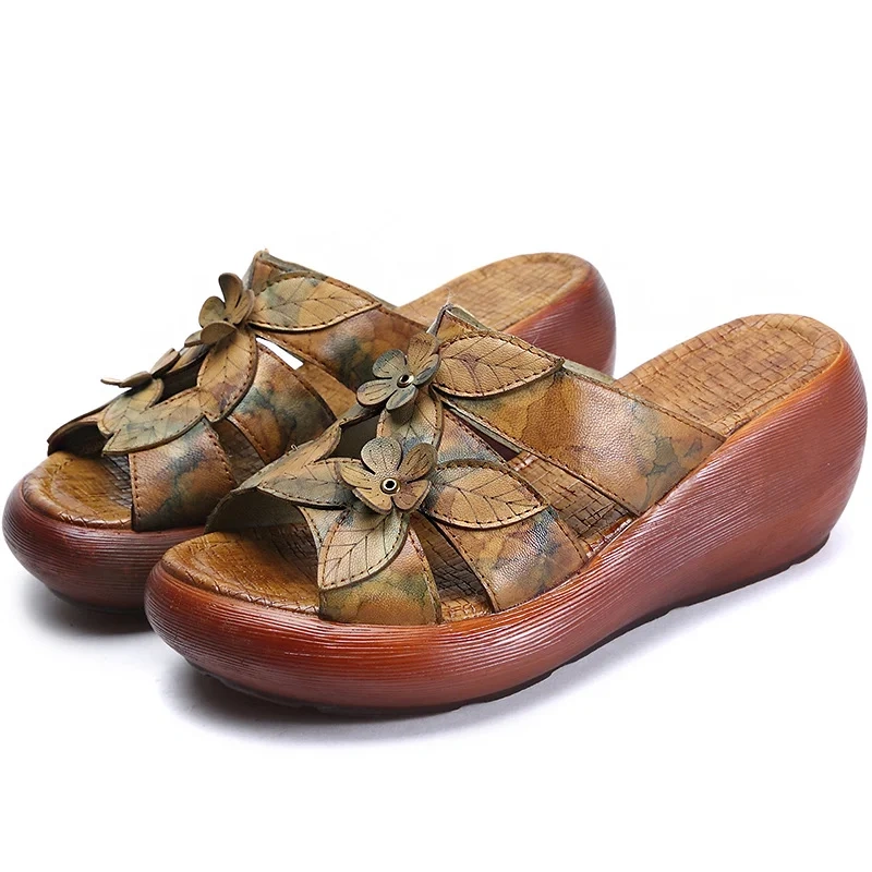 Women's Summer Slim 6 CM Wedge Heel Platform Peep Toe Floral Embossed Slide Genuine Leather  Retro Gladiator Slippers 50620