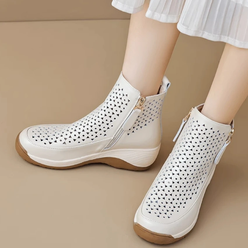 Women's Spring Summer Slim 5.5 CM Height Increasing Genuine Leather Cut Out Wedge Platform Zipper Breathable Ankle Boots 50604