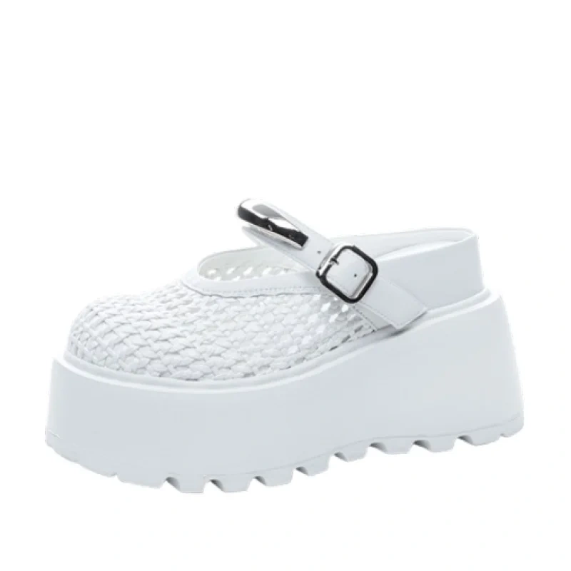 Women's Summer Fashion 10 CM Thick Sole Genuine Leather Sandals Closed Toe Hollow Out Metal Buckle Slippers 50524
