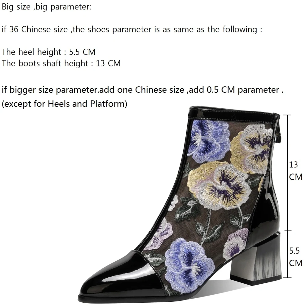 Women Spring 5.5CM Block Heel Genuine Leather & Mesh Embroidery Retro Ethnic Pointed Toe Zipper Ankle Plus Size Long Boots 50621