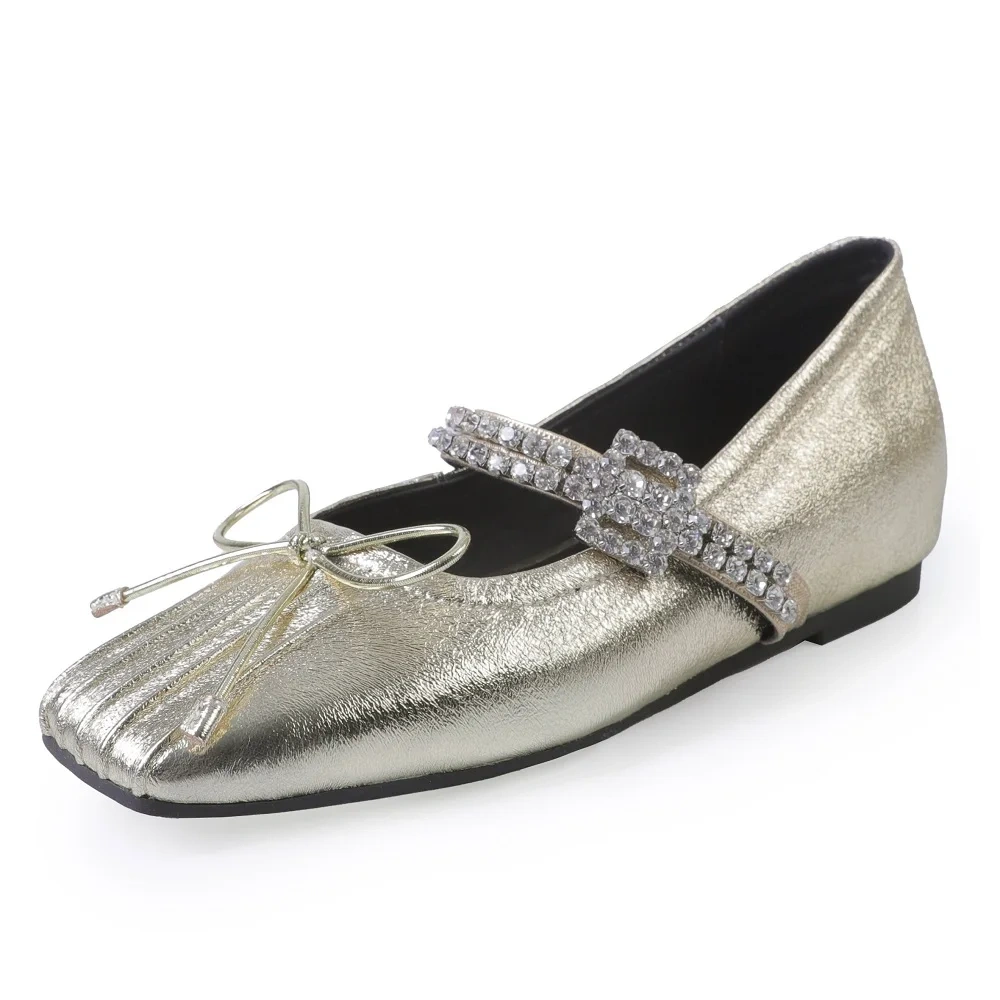 Women's New Summer/Autumn Bright Color Genuine Leather Ruched Crystals Bowknot One-Strap Shallow Mouth Fashion Casual Shoes50727