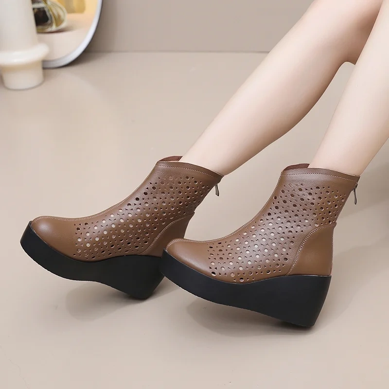 Women's Spring Summer Slim 7 CM Height Increasing Genuine Leather Cut Out Wedge Platform Breathable Zipper Ankle Boots 50604