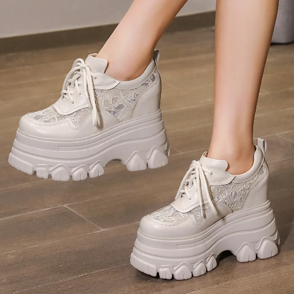 Spring Autumn New Korean Style Slim Height Increasing Platform Wedges Embroidery Lace-Up Genuine Leather Women Casual Shoes 2409