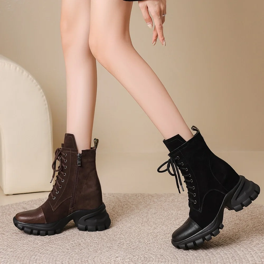 Suede Genuine Leather 10CM Platform Inner Heightening Lace-Up Side Zipper New Solid Color Concise Slim Retro Ankle Boots 50930