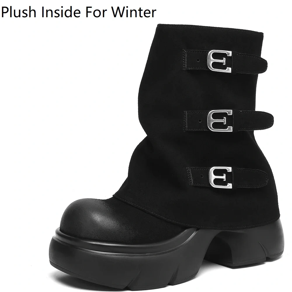 7CM Square Heel Genuine Leather Suede Metal Accents Platform Slip-On Solid Color Autumn Winter Casual Women's Ankle Boots 51030