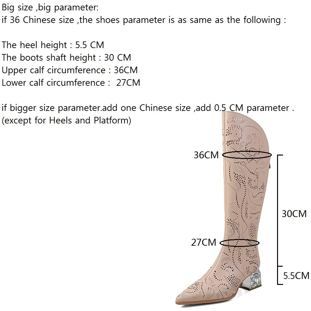 Women's Spring Summer New Pointed Toe 5.5 CM Chunky Heel Crystals Genuine Leather Cut Out Printed Zipper Knee High Fashion Boots 60312