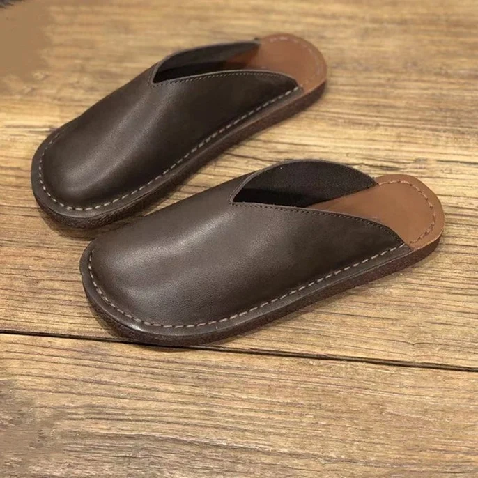 Summer New British Style Retro Flat Bottom Sewing Cover Toe Handmade Size 35-40 Genuine Leather Women Casual Slippers 2312