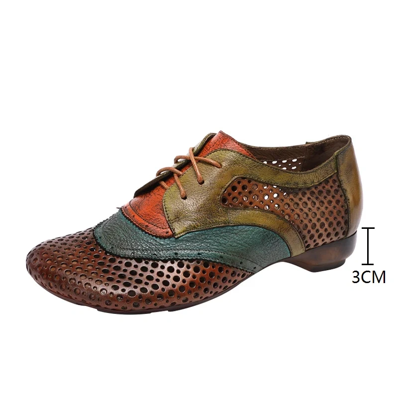 Women's Summer New 3 CM Low Chunky Heel Genuine Leather Color Block Lace Up Retro Cut Out Breathable Shoes 50630