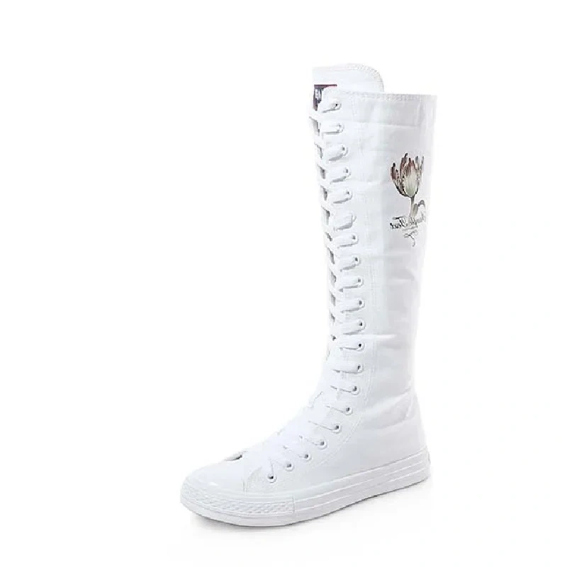 Women Dance Shoes Korean Style Slim Cross-tied Flowers Zipper Plus Size 42 43 Canvas Ladies Knee-High Long Equestrian Boots 2301
