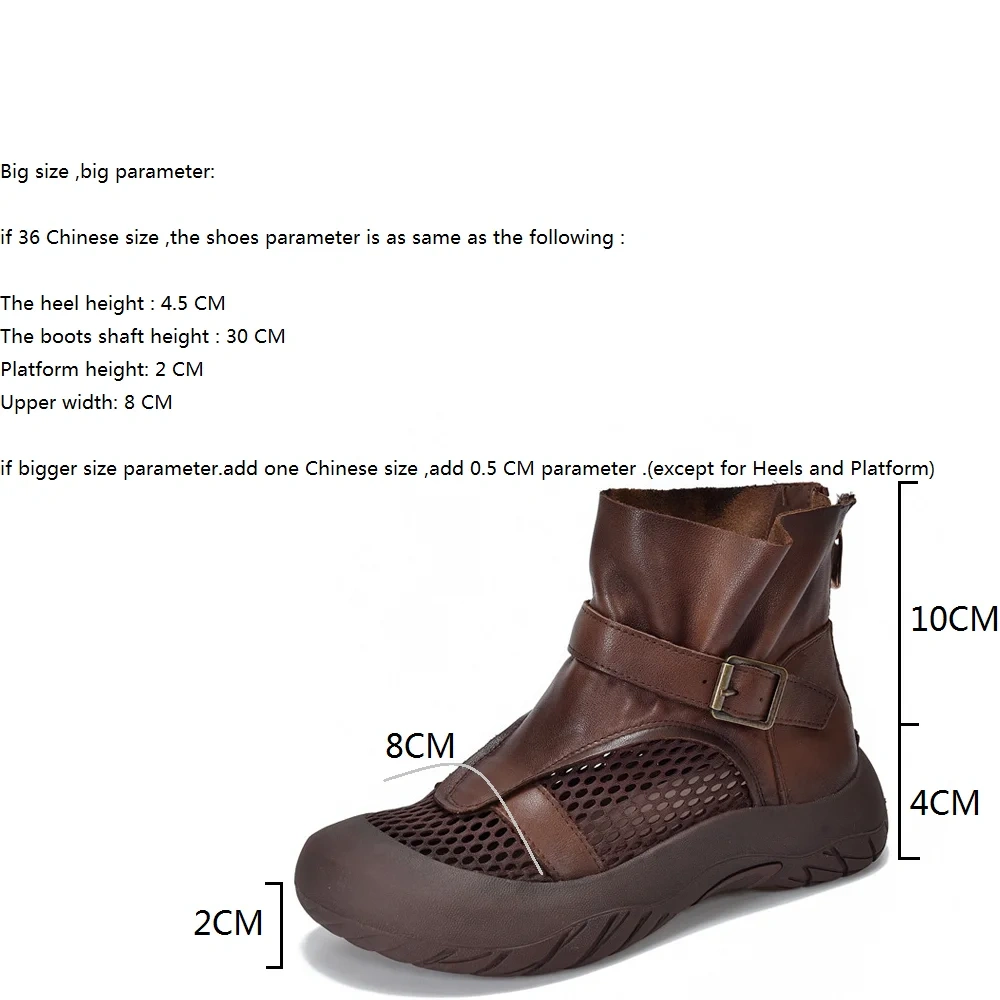 Women's Spring Autumn Slim 4CM Thick Sole Genuine Leather Mesh Hollow Out Buckle Gladiator Platform Slip On Ankle Boots 50531