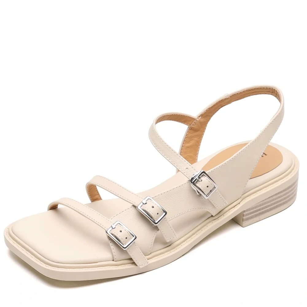 Women's Summer New Slim 4.5 CM Block Heel Genuine Leather Strap Buckle Square Toe Gladiator Retro Sandals 50612