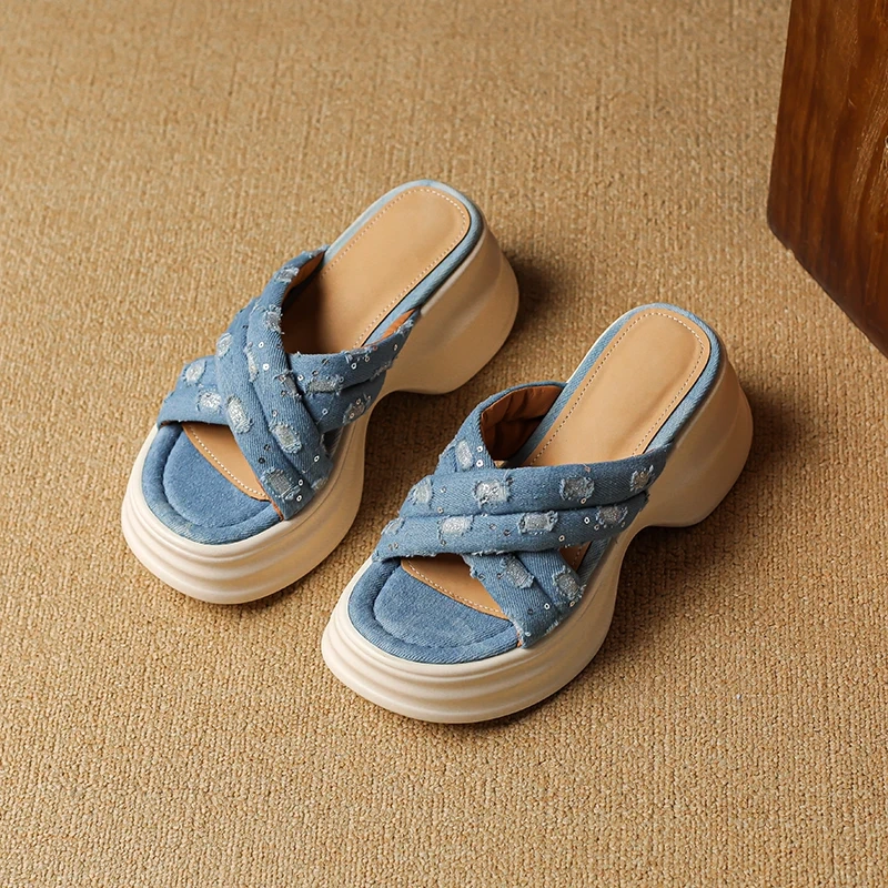 Women's Summer Fashion Denim Blue Slim 8 CM Chunky Heel Platform Wedge Bling Open Toe Gladiator Modern Slide Slippers 50528