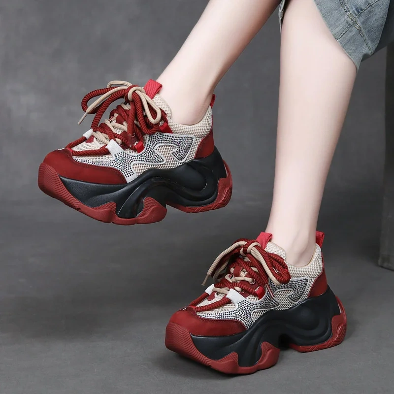 Women's Spring Summer Slim 6.5 CM Thick Sole Genuine Leather & Mesh Crystals Hollow Out Platform Lace-Up Casual Shoes 50602