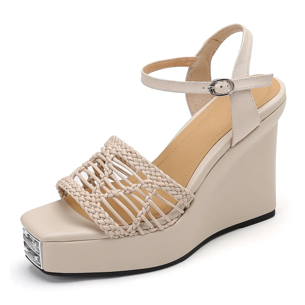 Women's Summer New 10.5CM High Wedge Heel Genuine Leather Braided Square Toe Open-Toe Buckle Platform Gladiator Sandals 50711