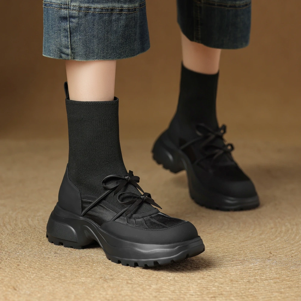 Genuine Leather Fleece Lined Bow Decor 5CM Thick Sole Slim Fit Retro Fashion Autumn Winter New Women's Casual Ankle Boots 51029