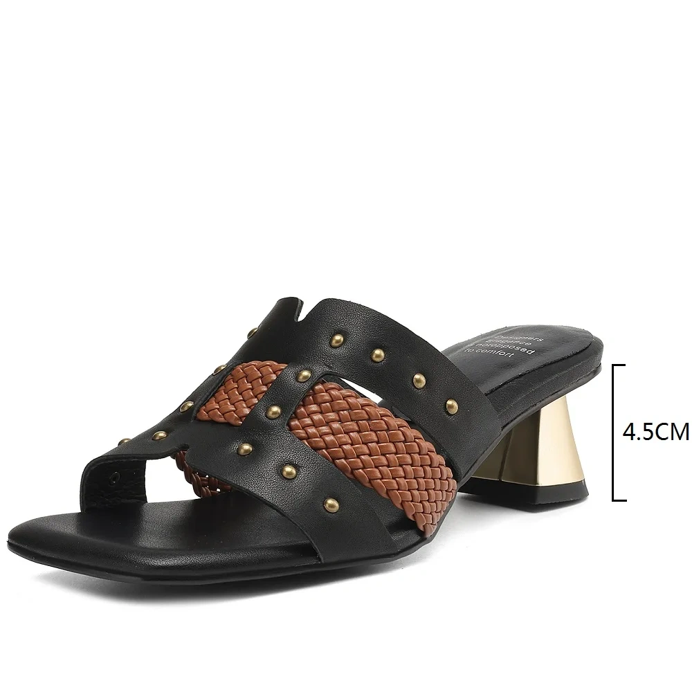 Women's Summer Fashion 4.5 CM Heel Slim Fit Genuine Leather Color Block Open Toe Black Woven Rivet Cut Out Casual Slippers 50613