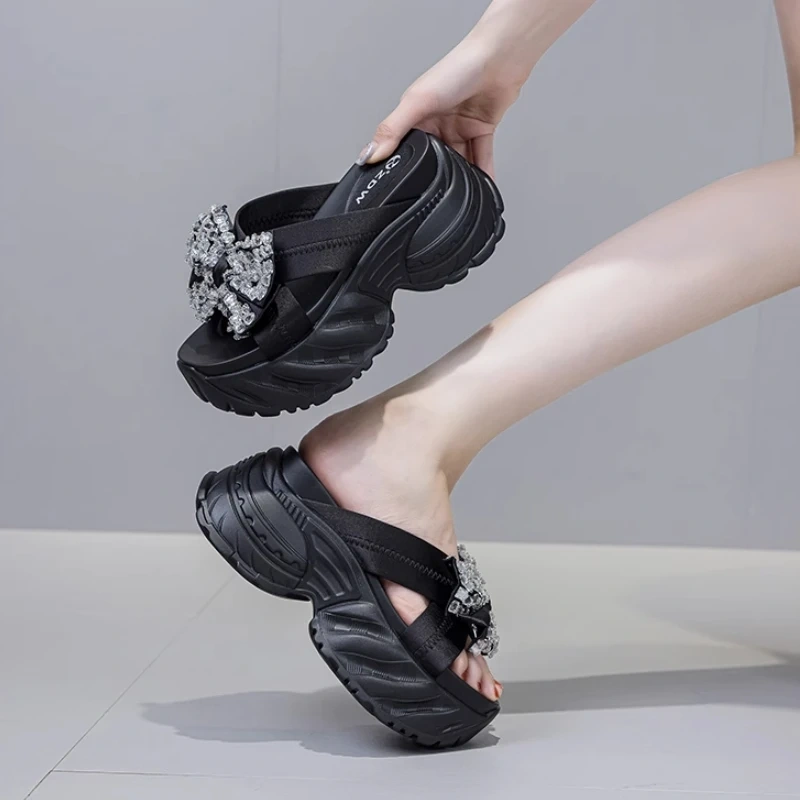 Women's Summer New Fashion 8CM Thick Sole Genuine Leather Platform Bow Peep Toe Crystals Korean Style Slide Sandals 50713