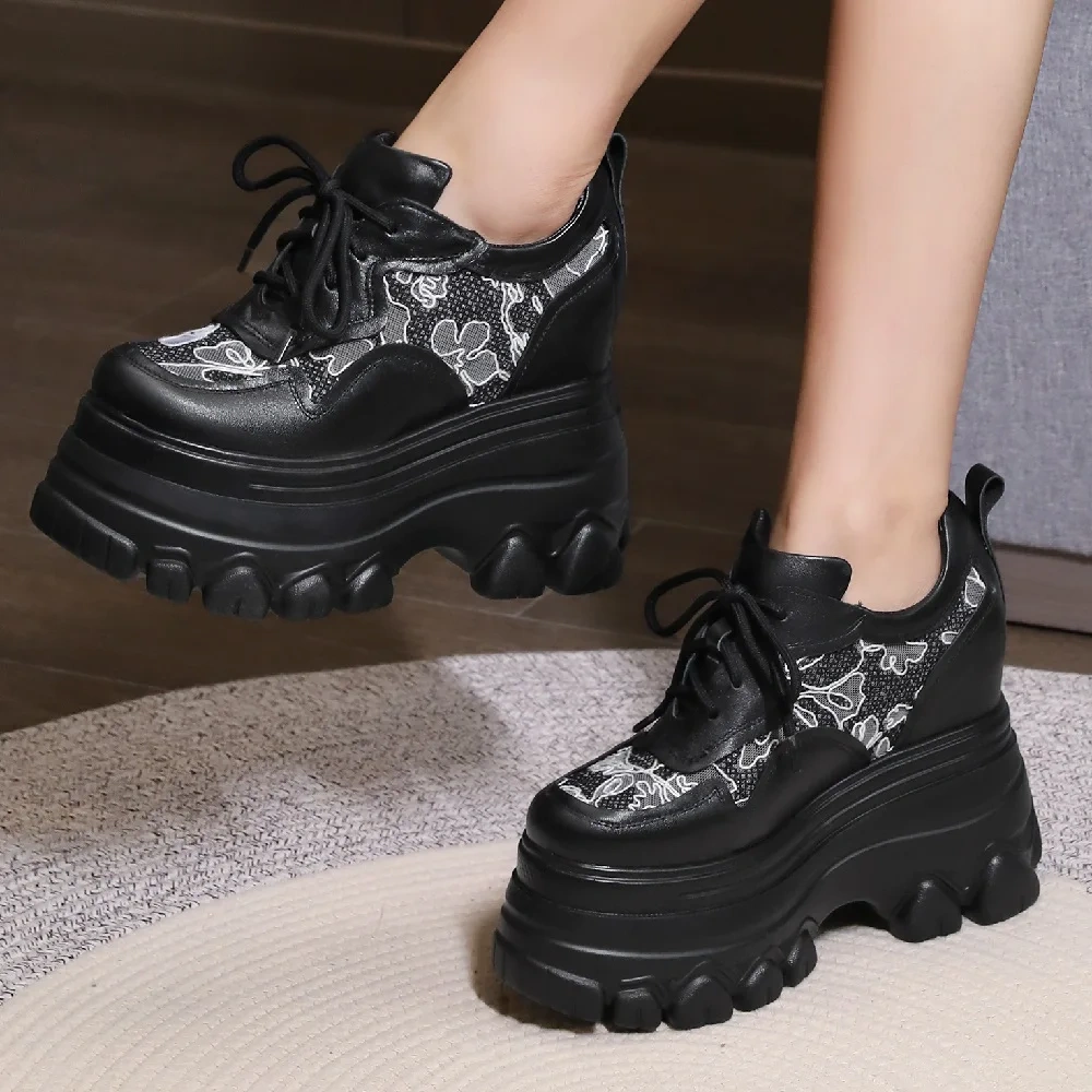 Spring Autumn New Korean Style Slim Height Increasing Platform Wedges Embroidery Lace-Up Genuine Leather Women Casual Shoes 2409