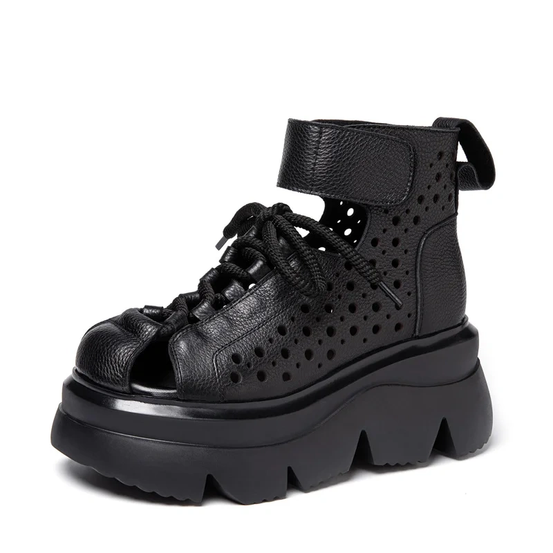 Women's Summer New Slim 8 CM Wedge Heel Genuine Leather Peep Toe Platform Lace Up Hook & Loop Gladiator Casual Sandals 50607