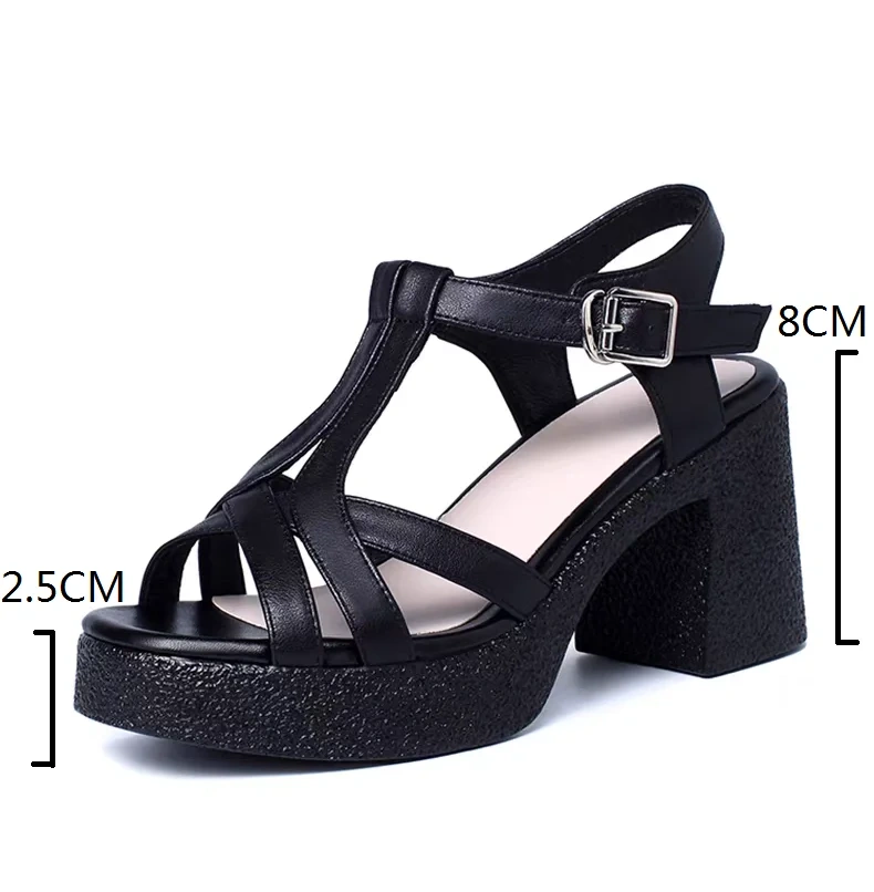 Women's Summer New Slim 8CM Chunky Heel Platform Peep-Toe Ankle Strap Genuine Leather Buckle Gladiator Slingbacks Sandals 50708