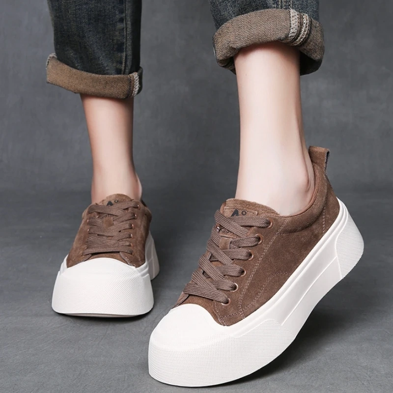 Women's Genuine Leather Lace-Up Shoes 5 CM Thick Sole Vintage Round Toe Platform Casual Slip-Resistant Derby Shoes 50728
