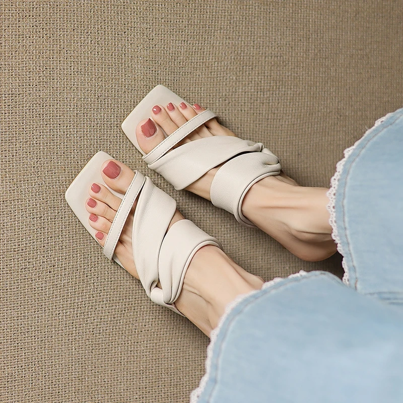 Women's Summer Fashion Slim 6 CM Stiletto Heel Solid Color Open Toe Genuine Leather Elegant Lambskin Modern Slippers 50528