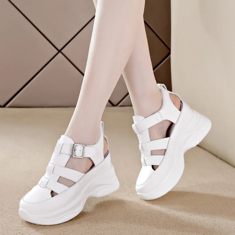 Women's Summer New Slim 8CM Wedge Heel Genuine Leather Cross - Strap Hook & Loop Backless Solid Color Gladiator Sandals 50710